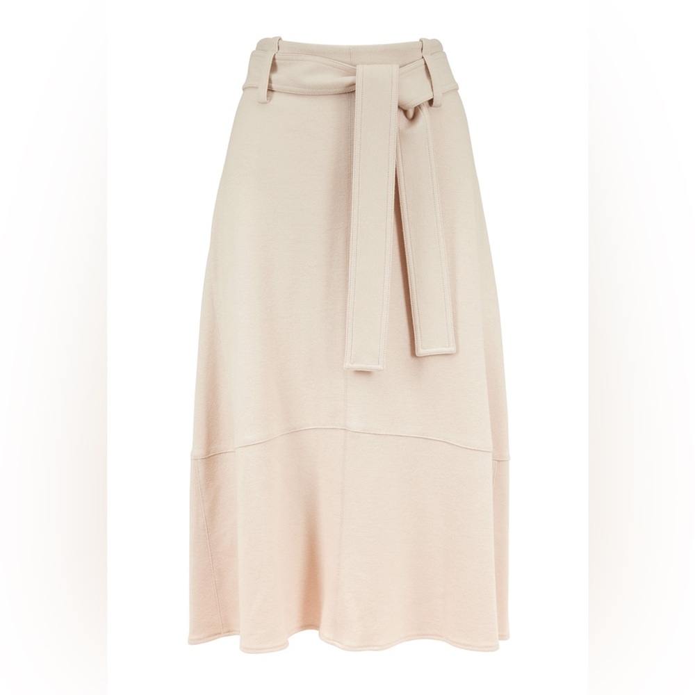 Vince Belted Seamed Detail Cozy Stretch Wool Midi Skirt in Oyster Cream Beige 4